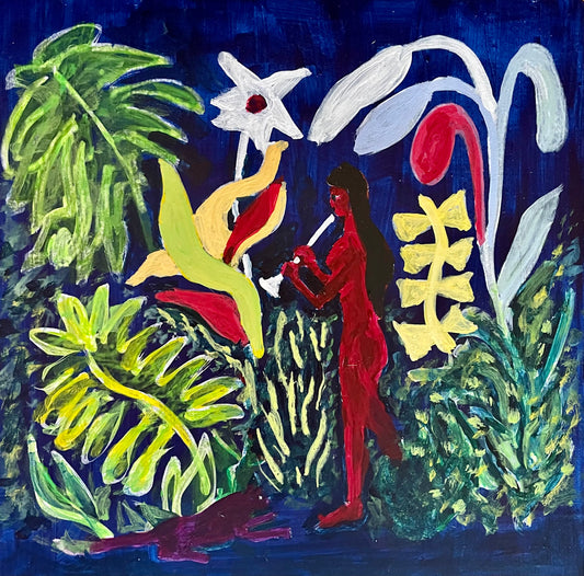 Paysages – Nymphe rouge jouant de la flûte dans la jungle
