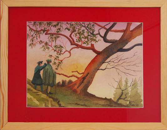 Arbre et deux hommes au coucher du soleil