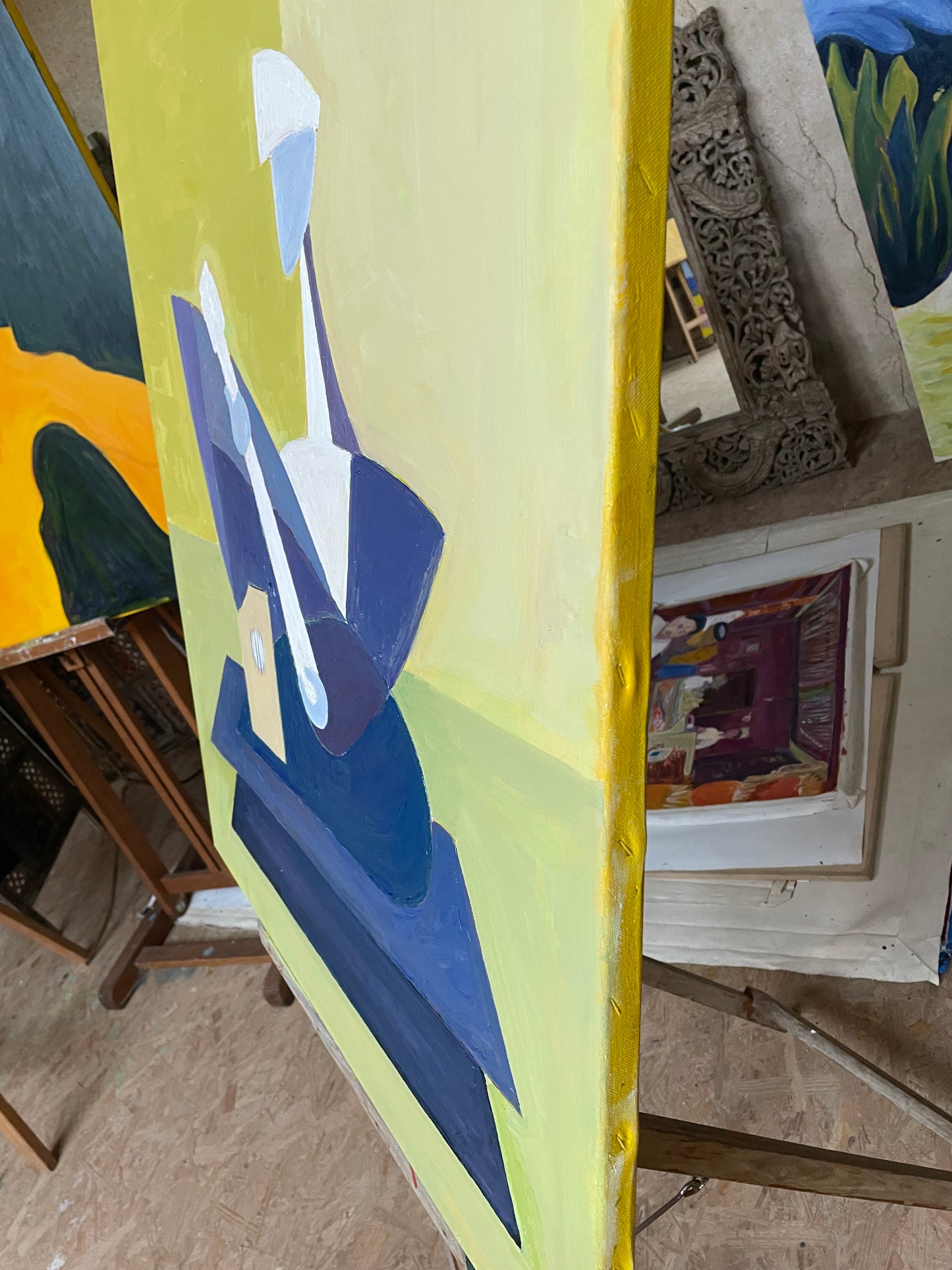 Musique - Sitariste en bleu sur fond vert, style cubiste